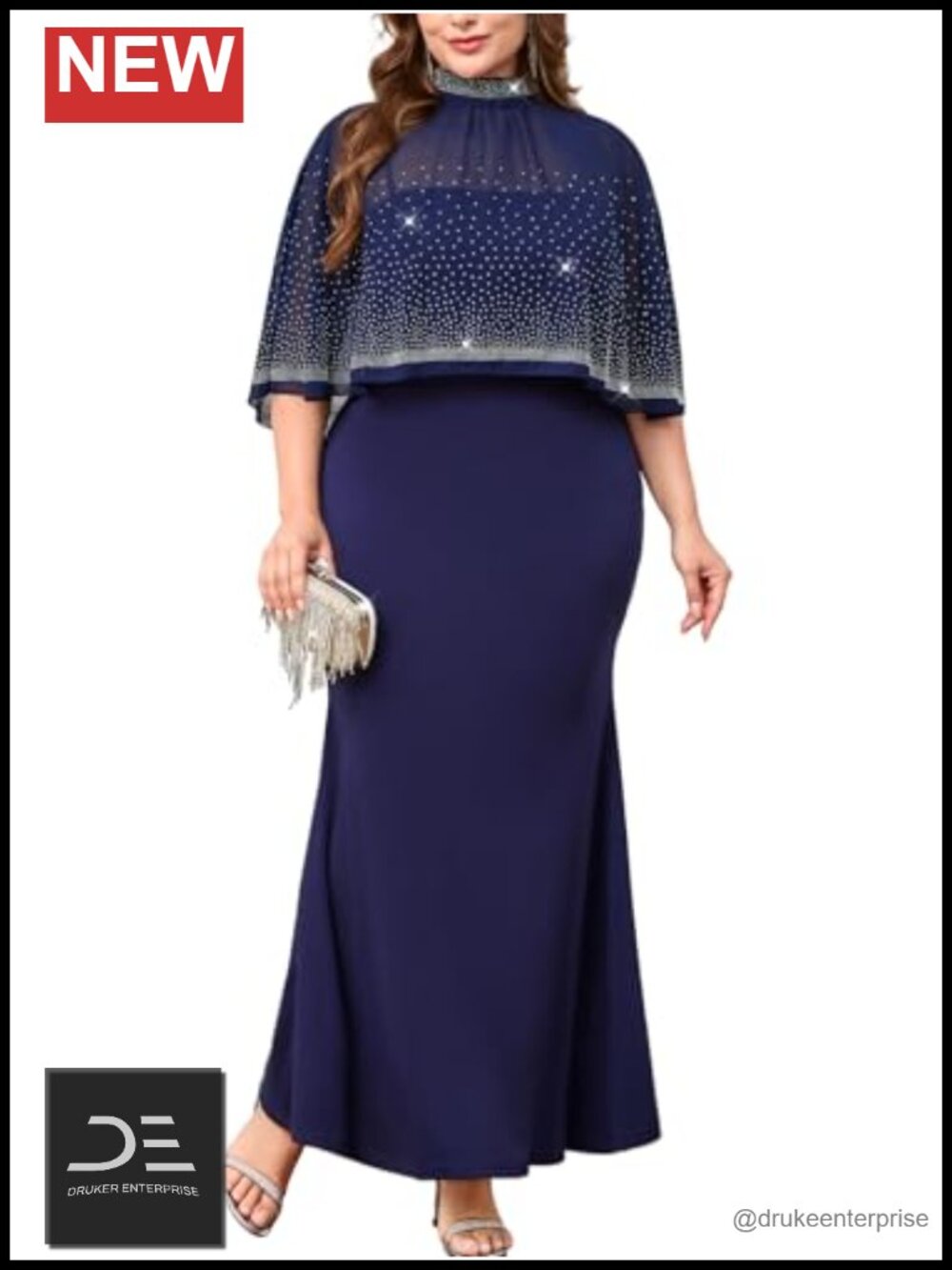 Plus Size Formal Evening Gown Rhinestone Detachable Sheer Cape Mermaid Dress